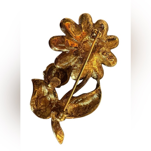 Vintage Enamel Flower Rhinestone Brooch Pin - Daisy With Lady Bug Signed - Picture 4 of 6